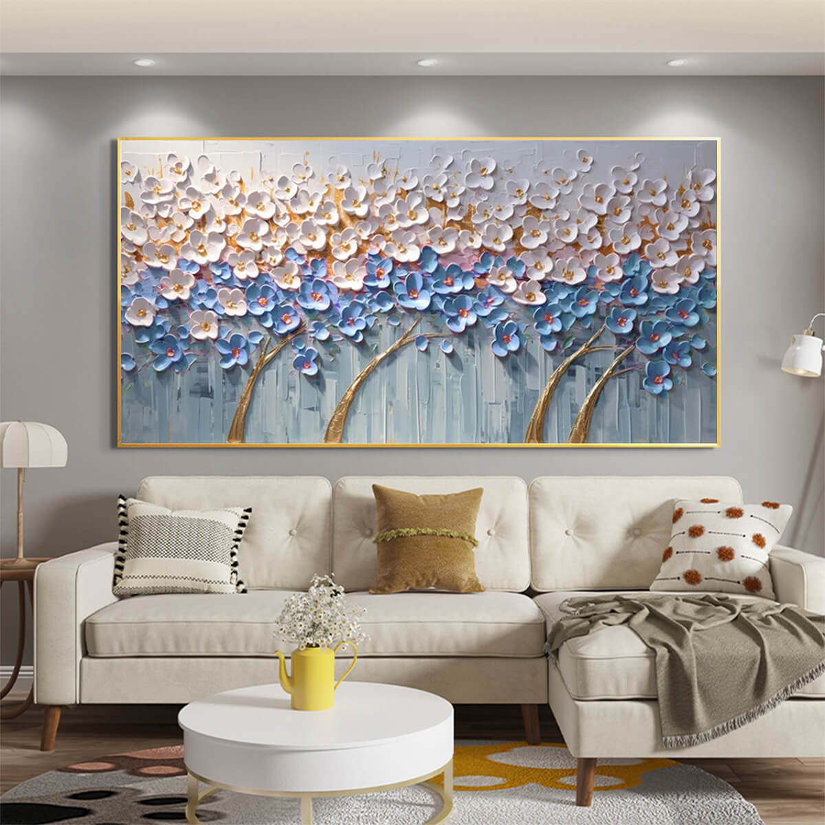 Azure Dream hand-painted white, azure blue, ocean blue and gold textured blossom tree painting rolled canvas option