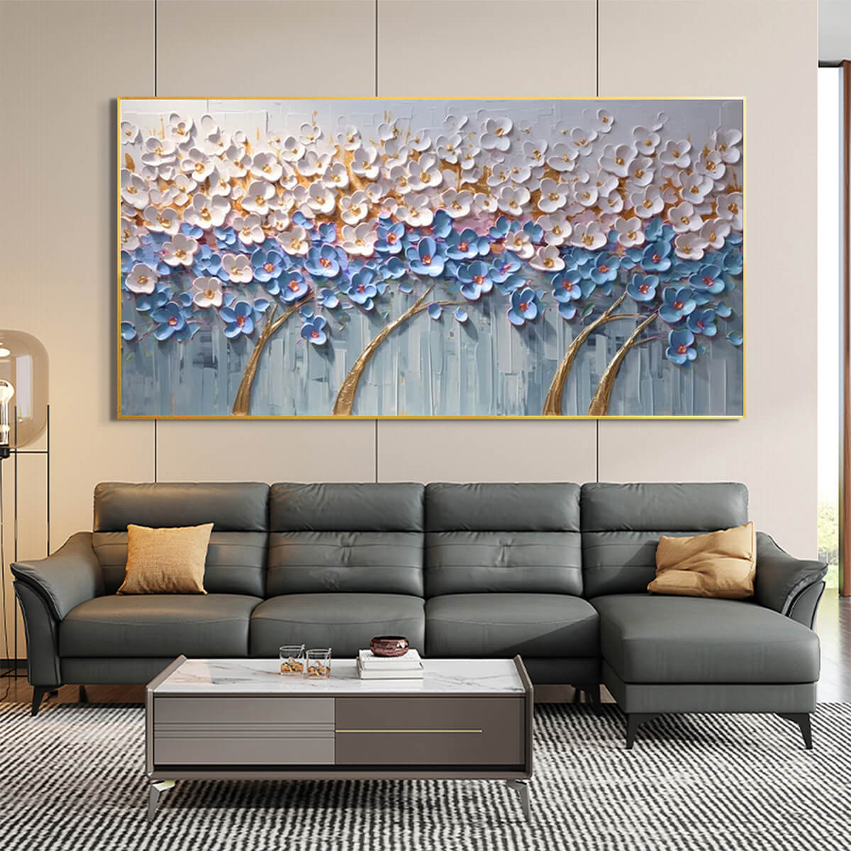 Azure Dream hand-painted white, azure blue, ocean blue and gold textured blossom tree painting shown with wood frame