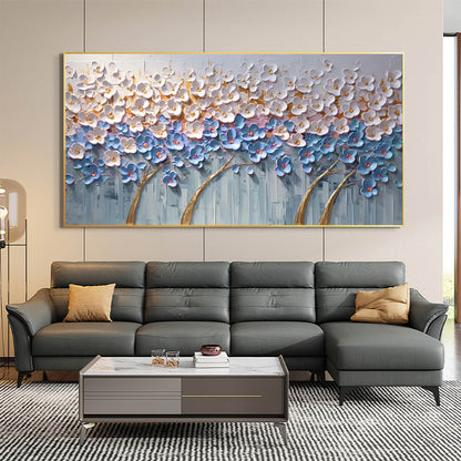Azure Dream hand-painted white, azure blue, ocean blue and gold textured blossom tree painting shown with wood frame