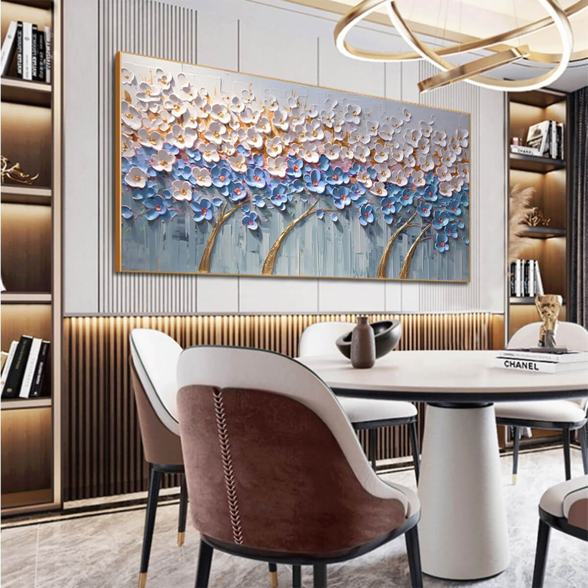 Azure Dream hand-painted white, azure blue, ocean blue and gold textured blossom tree painting shown with white frame