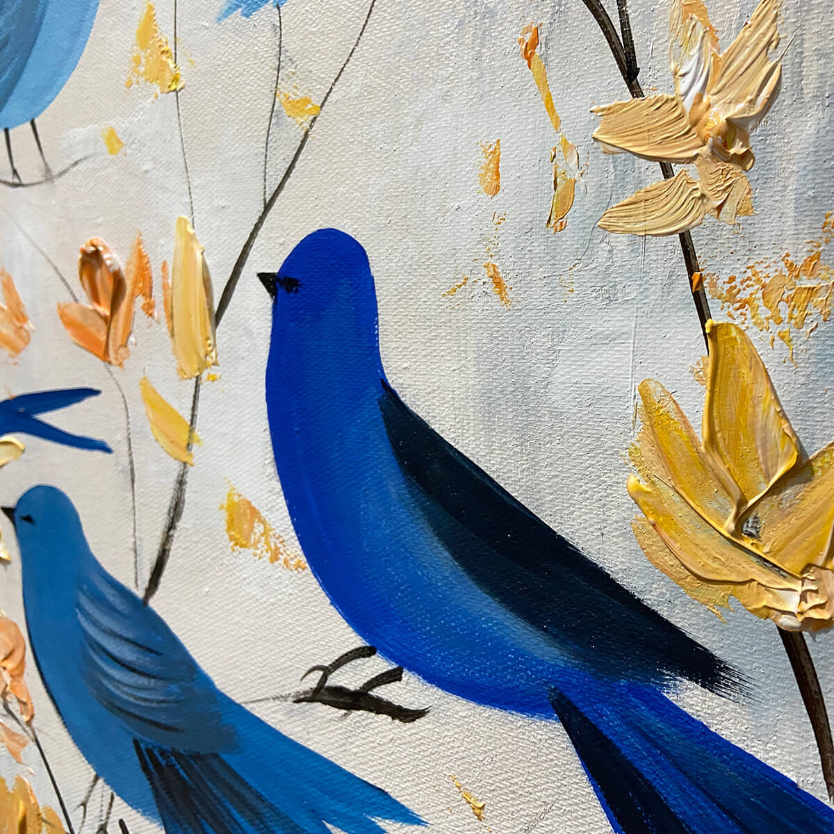 Blue and Yellow Minimalist Bird Oil Painting – Azure Flight