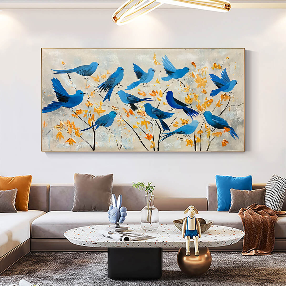 Blue and Yellow Minimalist Bird Oil Painting – Azure Flight