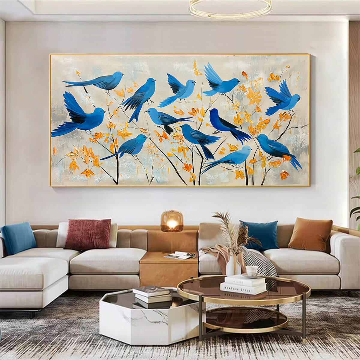 Blue and Yellow Minimalist Bird Oil Painting – Azure Flight