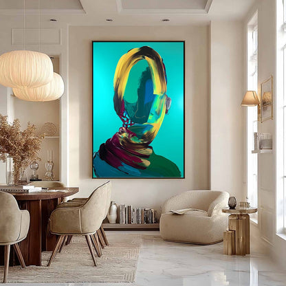 Teal and Green Abstract Figurative Textured Oil Painting – Azure Gaze
