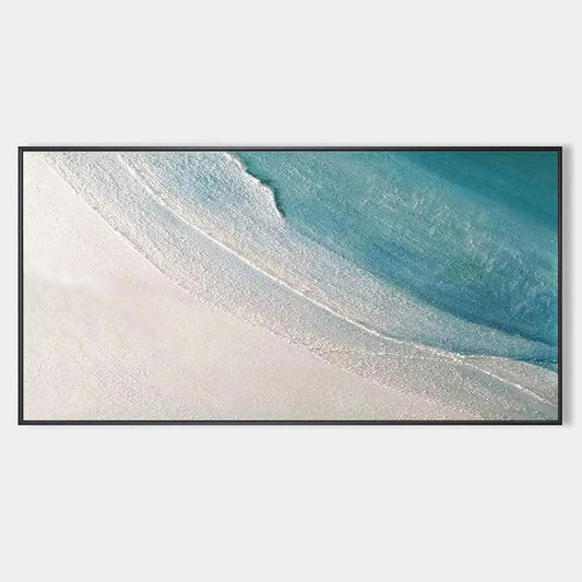 Azure Shores hand-painted white, azure blue and ocean blue textured coastal landscape painting rolled canvas option