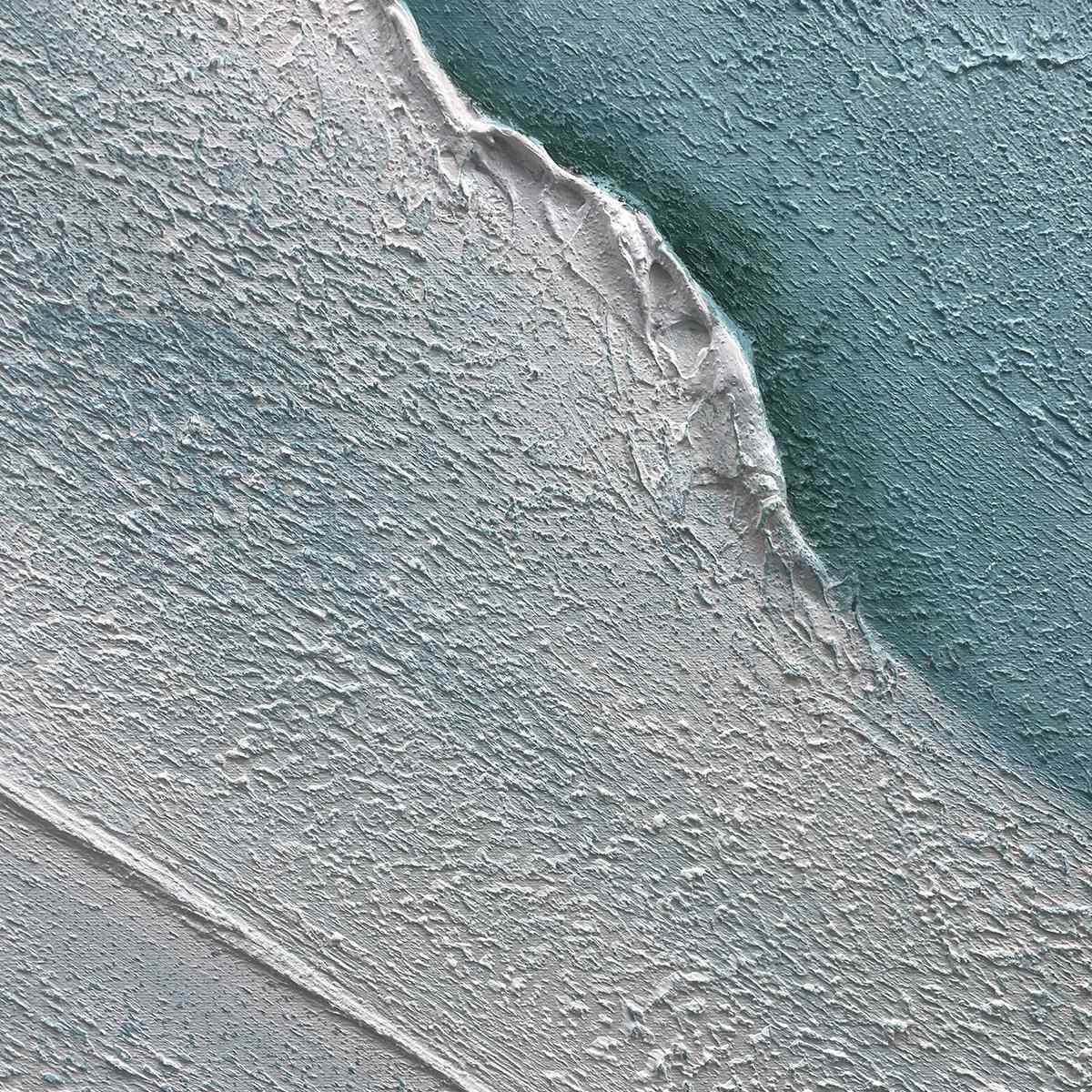 Azure Shores hand-painted white, azure blue and ocean blue textured coastal landscape painting shown with silver frame