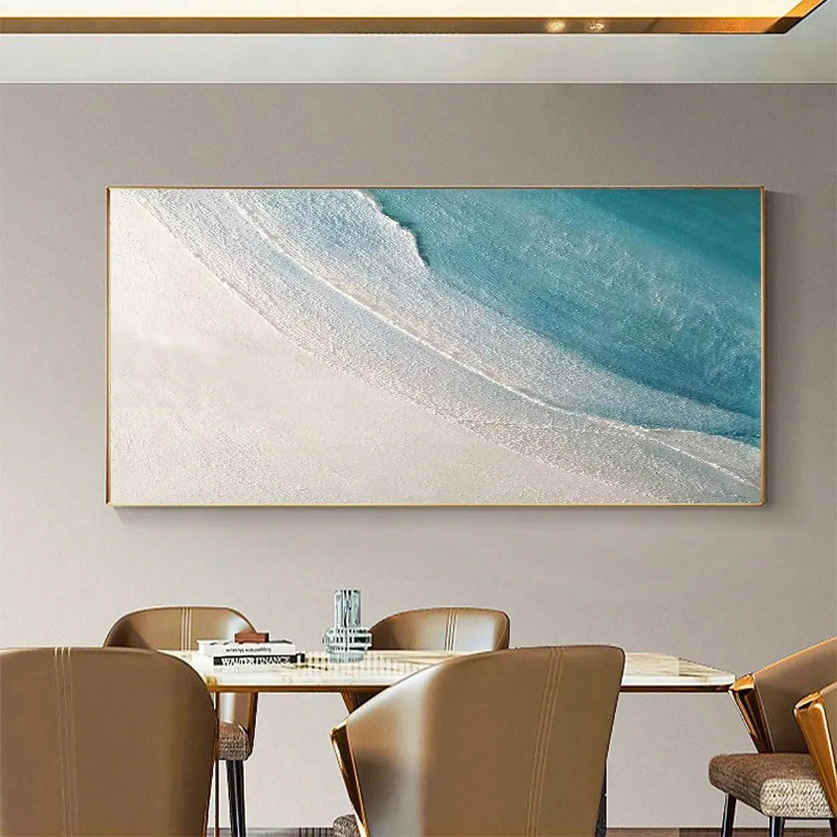 Azure Shores hand-painted white, azure blue and ocean blue textured coastal landscape painting shown with wood frame