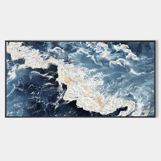 Azure Whispers hand-painted azure blue, ocean blue and gold textured coastal abstract painting rolled canvas option