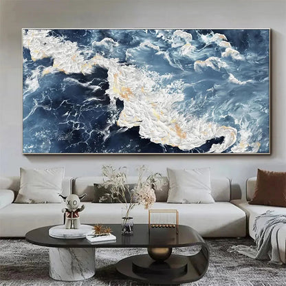 Azure Whispers hand-painted azure blue, ocean blue and gold textured coastal abstract painting shown as stretched canvas