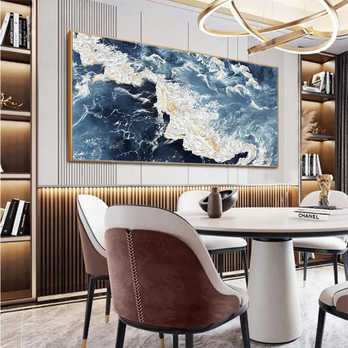 Azure Whispers hand-painted azure blue, ocean blue and gold textured coastal abstract painting shown with white frame