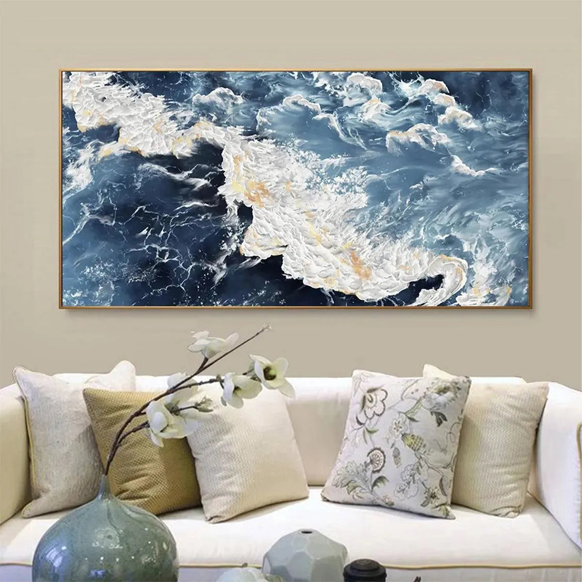 Azure Whispers hand-painted azure blue, ocean blue and gold textured coastal abstract painting shown with black frame