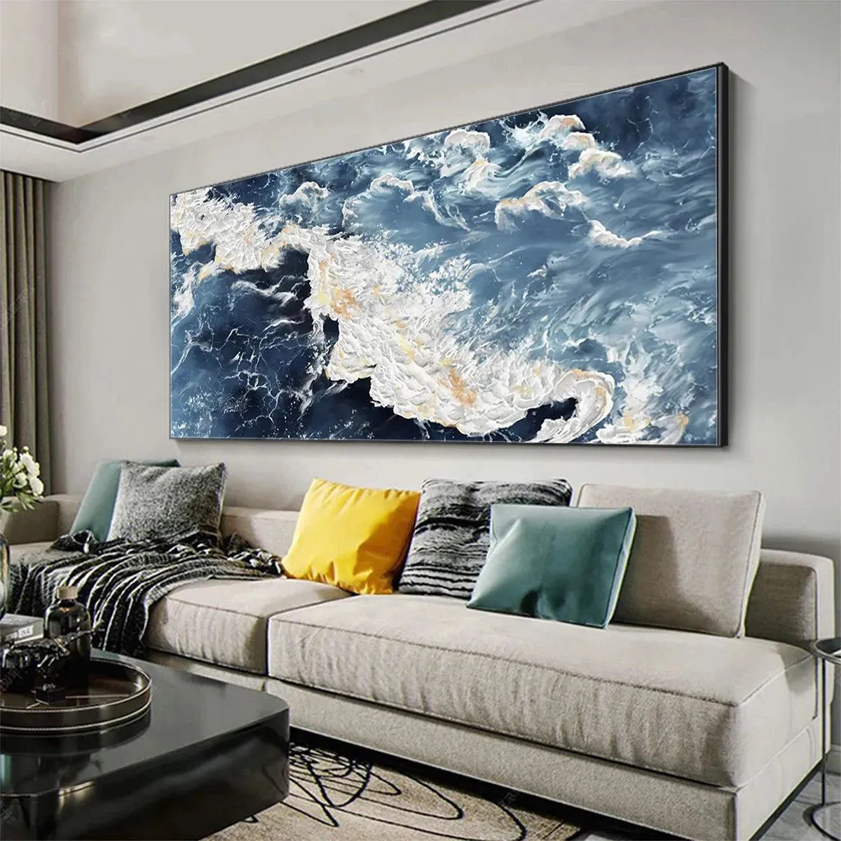 Azure Whispers hand-painted azure blue, ocean blue and gold textured coastal abstract painting rolled canvas option
