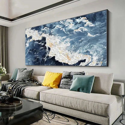 Azure Whispers hand-painted azure blue, ocean blue and gold textured coastal abstract painting rolled canvas option