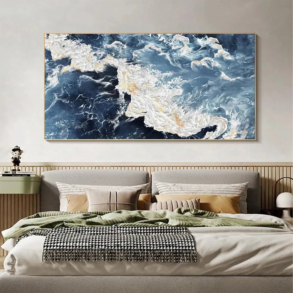 Azure Whispers hand-painted azure blue, ocean blue and gold textured coastal abstract painting shown as stretched canvas