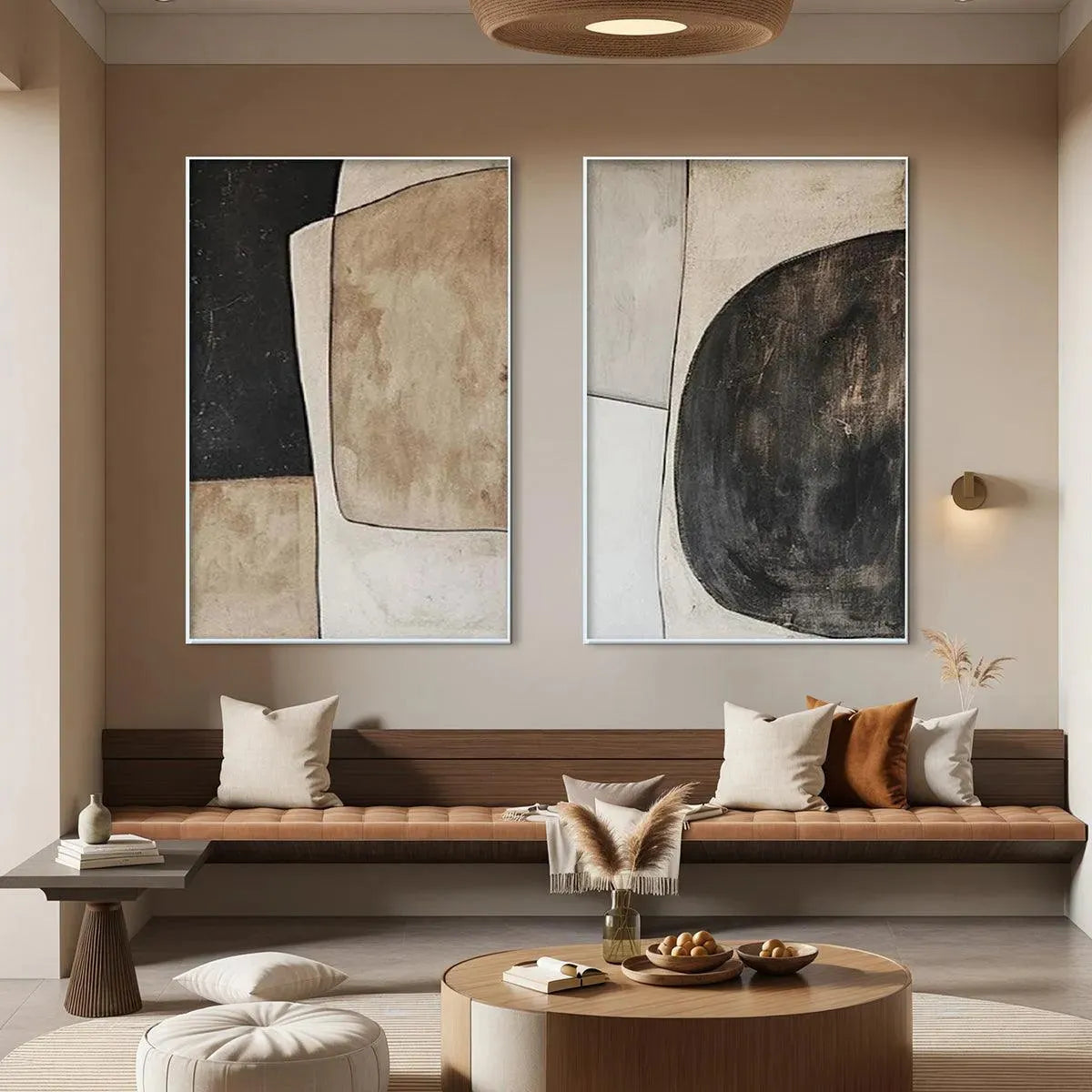 Abstract Geometric Diptych – Wabi-Sabi Geometric Oil Painting, view 5
