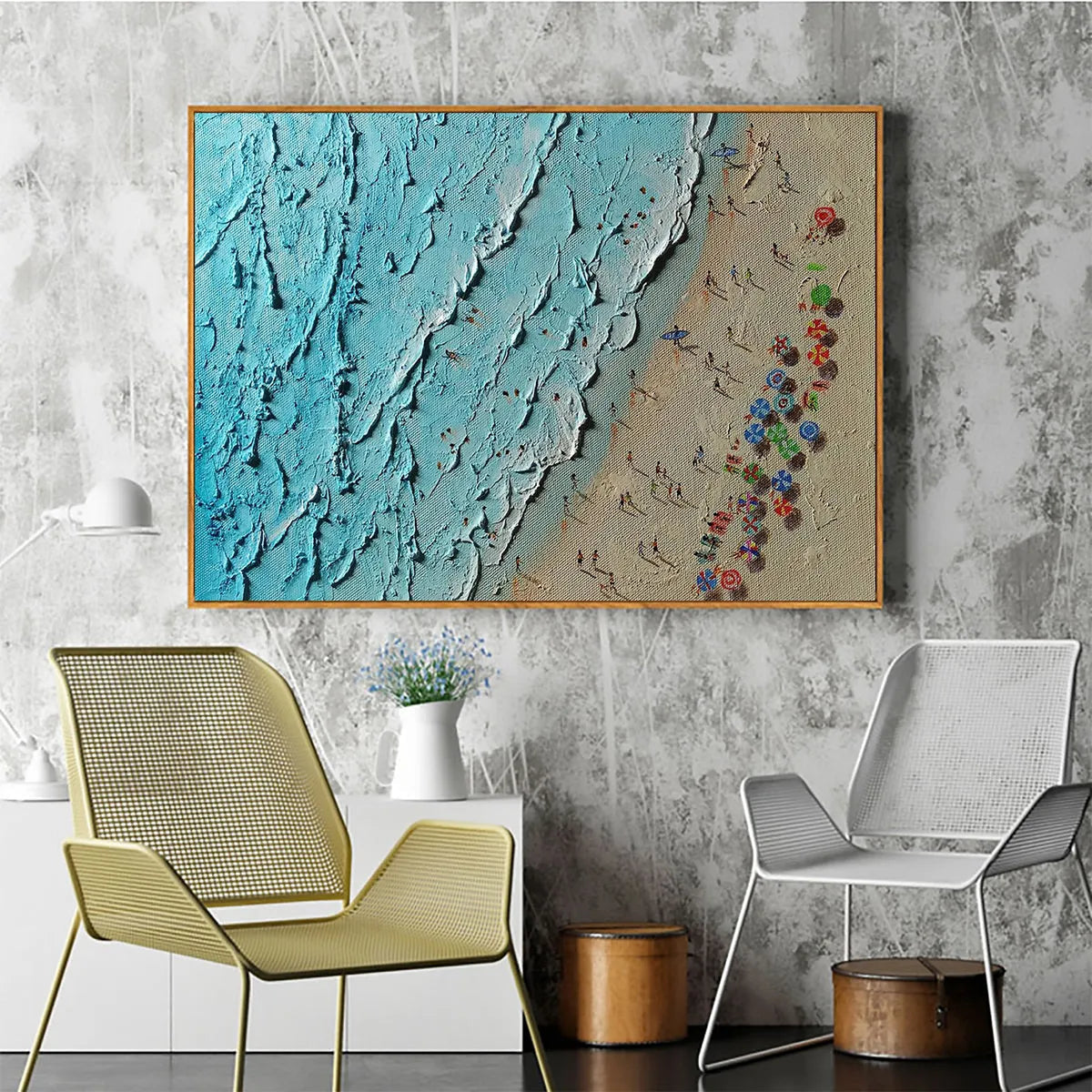 Aerial Vista hand-painted turquoise and ivory textured beach scene painting rolled canvas option