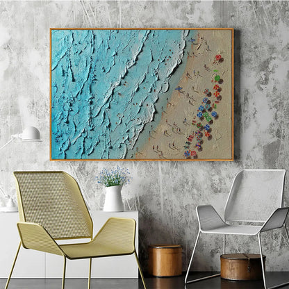 Aerial Vista hand-painted turquoise and ivory textured beach scene painting rolled canvas option