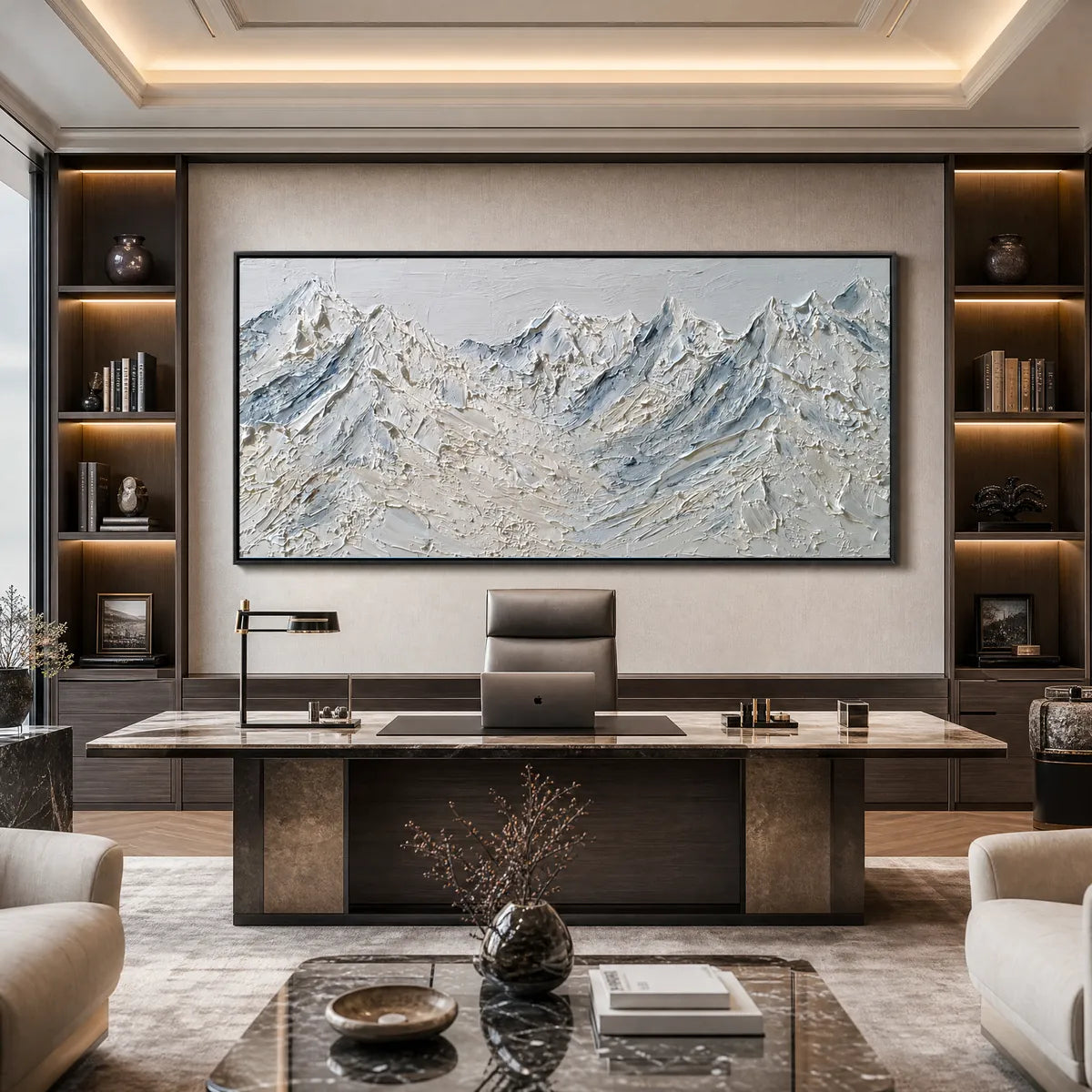 Alpine Serenity White hand-painted white and soft beige textured mountain landscape painting shown as stretched canvas