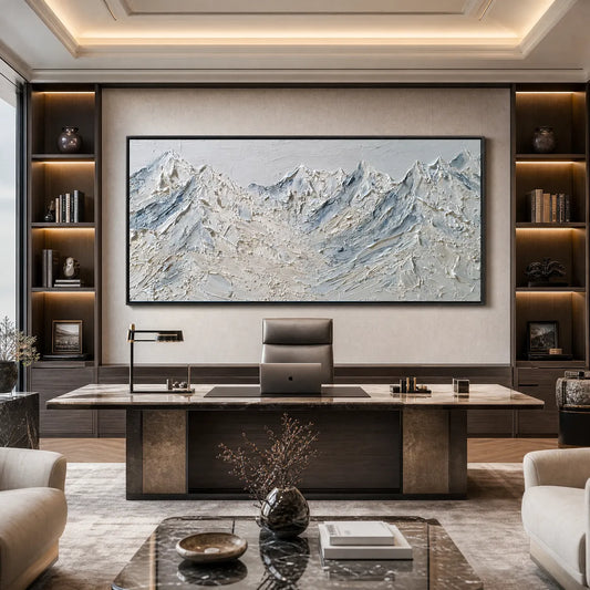 Alpine Serenity White hand-painted white and soft beige textured mountain landscape painting shown as stretched canvas