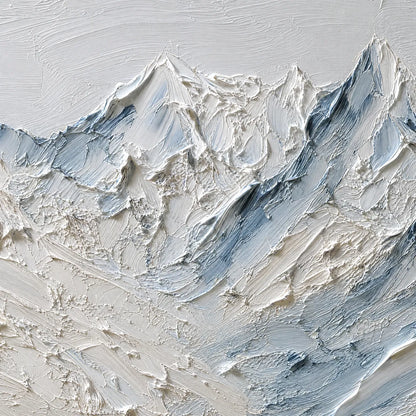 Alpine Serenity White hand-painted white and soft beige textured mountain landscape painting shown with gold frame