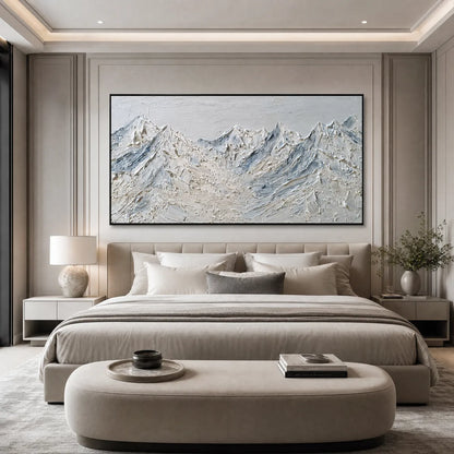 Alpine Serenity White hand-painted white and soft beige textured mountain landscape painting shown with silver frame