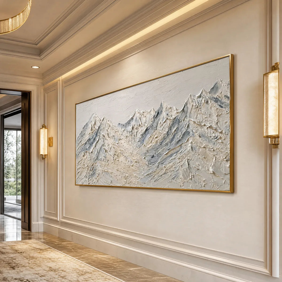 Alpine Serenity White hand-painted white and soft beige textured mountain landscape painting shown with white frame