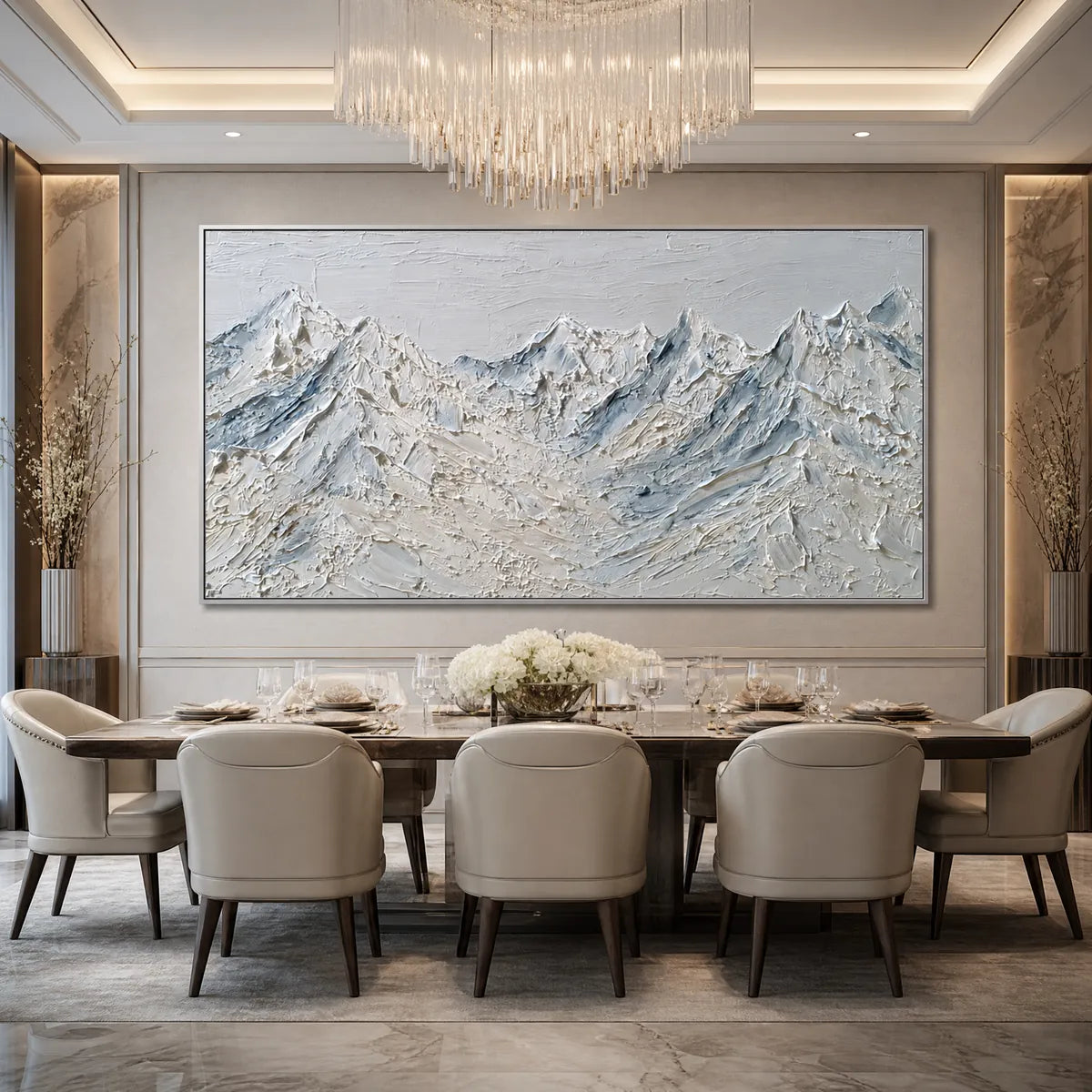 Alpine Serenity White hand-painted white and soft beige textured mountain landscape painting shown with black frame