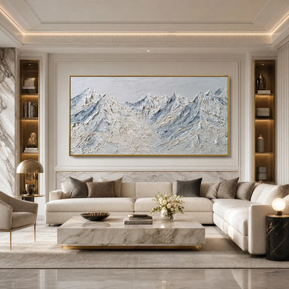 Alpine Serenity White hand-painted white and soft beige textured mountain landscape painting shown with wood frame