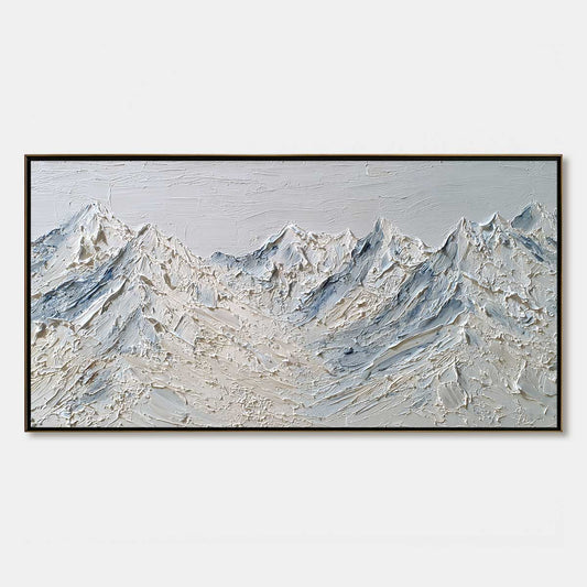 Alpine Serenity White hand-painted white and soft beige textured mountain landscape painting rolled canvas option