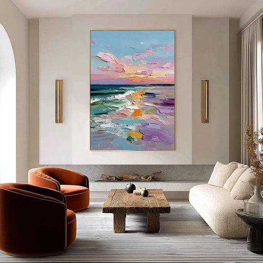 Amalfi Glow hand-painted orange, pink and violet textured sunset seascape painting shown as stretched canvas