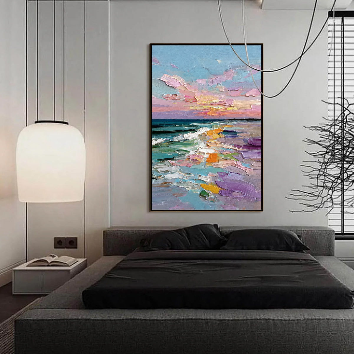 Amalfi Glow hand-painted orange, pink and violet textured sunset seascape painting shown with silver frame