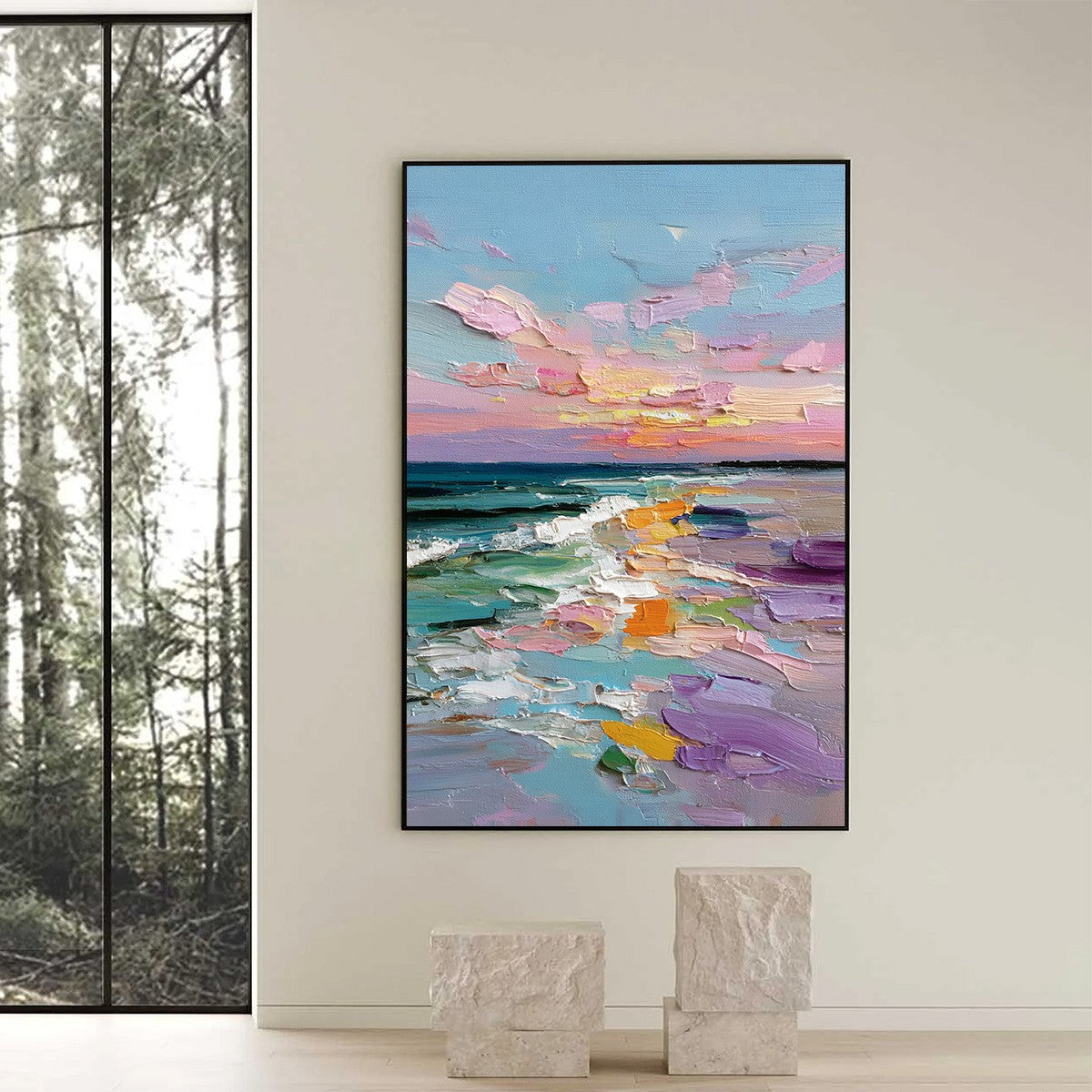 Amalfi Glow hand-painted orange, pink and violet textured sunset seascape painting shown with black frame