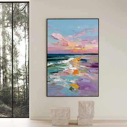 Amalfi Glow hand-painted orange, pink and violet textured sunset seascape painting shown with black frame