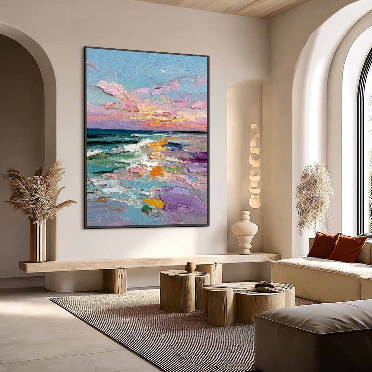 Amalfi Glow hand-painted orange, pink and violet textured sunset seascape painting shown with wood frame