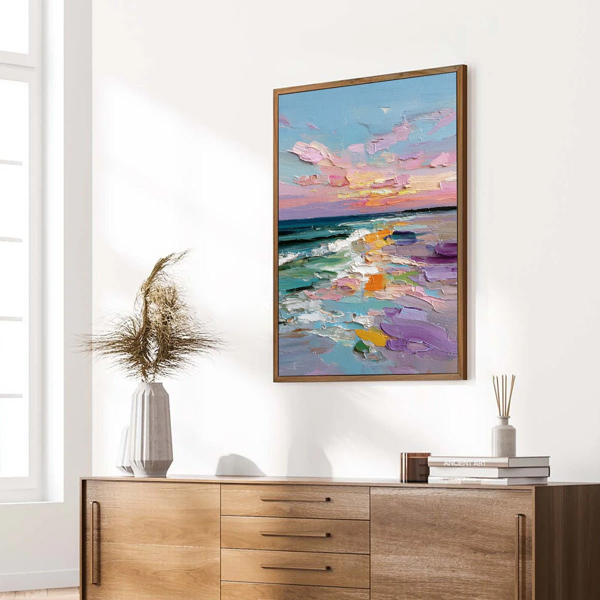 Amalfi Glow hand-painted orange, pink and violet textured sunset seascape painting rolled canvas option