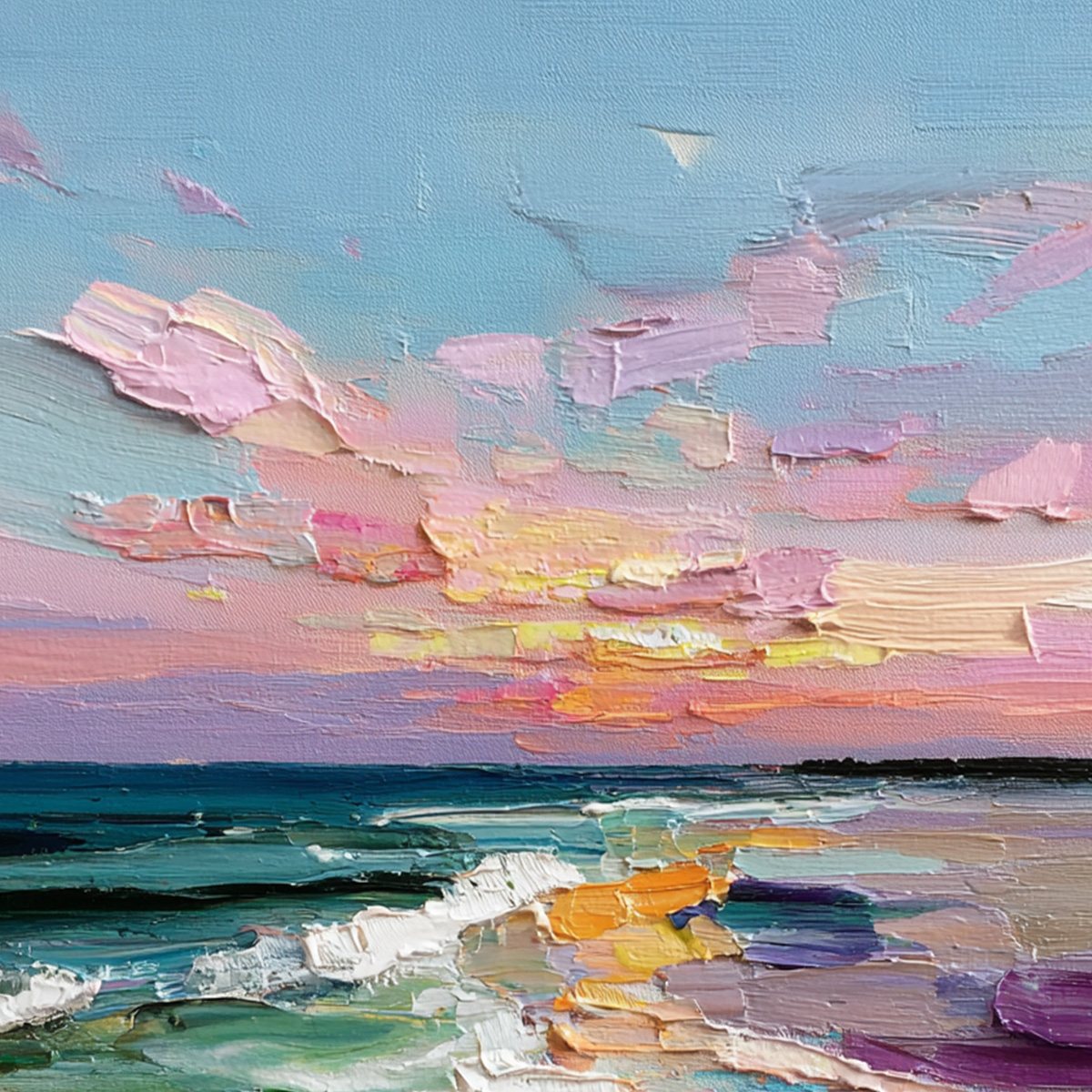 Amalfi Glow hand-painted orange, pink and violet textured sunset seascape painting shown with gold frame