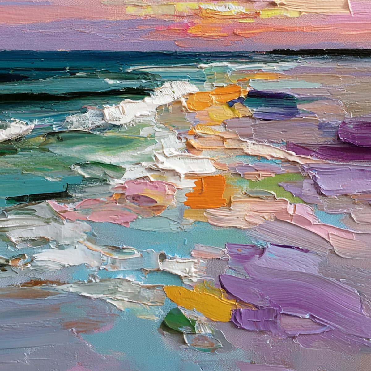 Amalfi Glow hand-painted orange, pink and violet textured sunset seascape painting shown with white frame