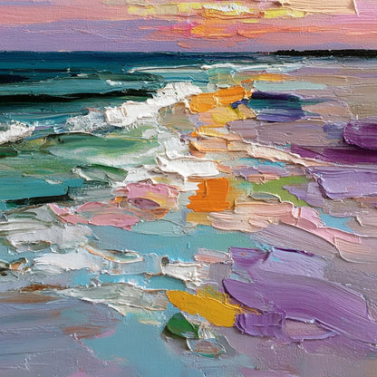 Amalfi Glow hand-painted orange, pink and violet textured sunset seascape painting shown with white frame