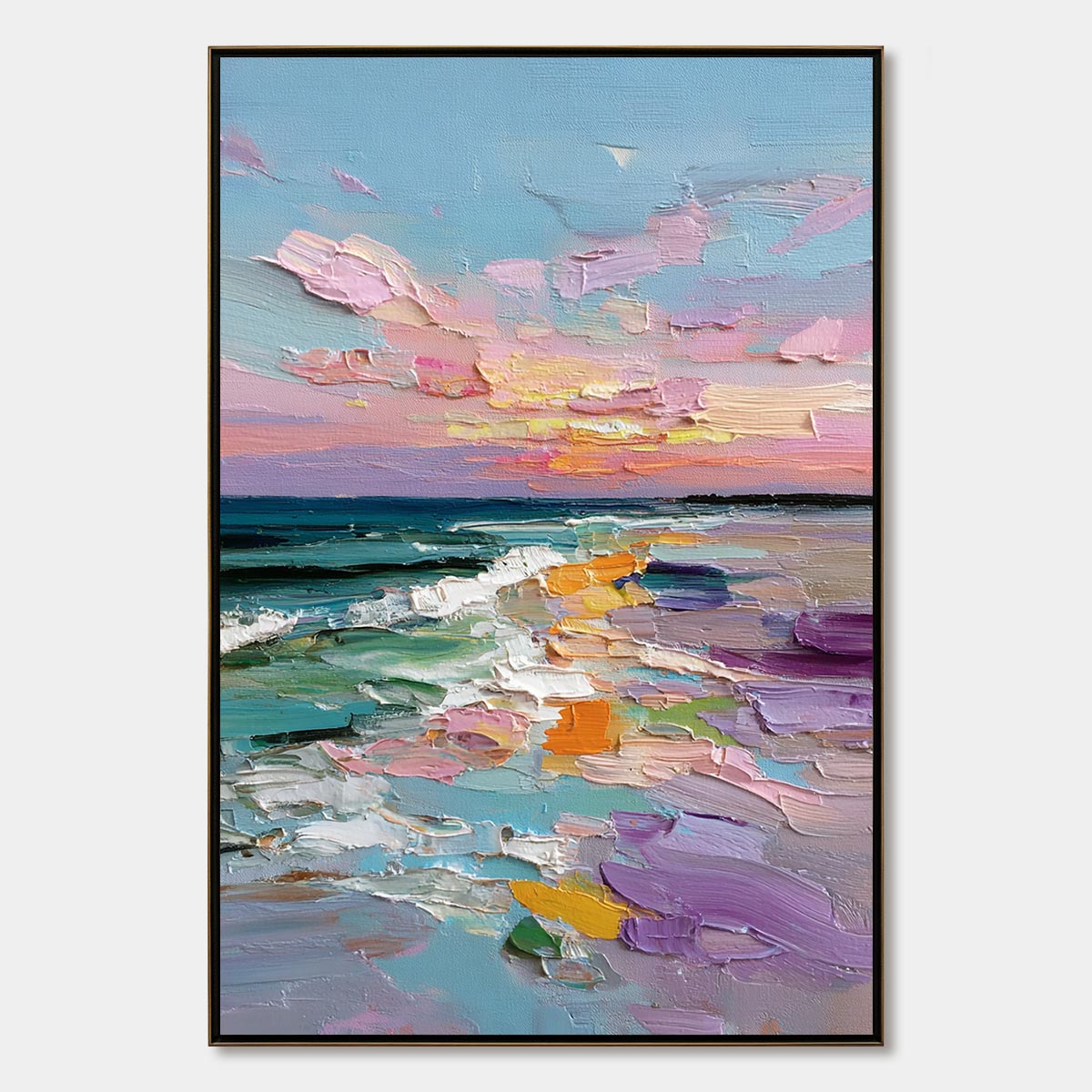 Amalfi Glow hand-painted orange, pink and violet textured sunset seascape painting rolled canvas option