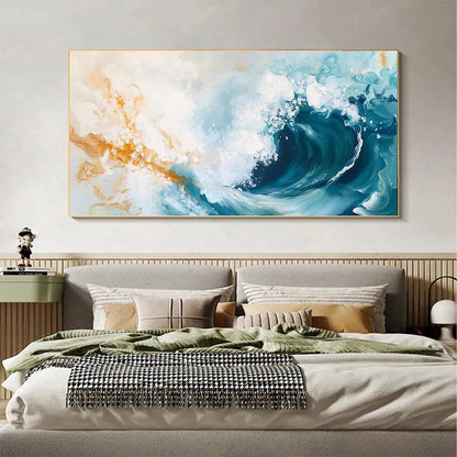 Aquamarine Crest hand-painted ocean blue, ivory and soft neutral tones textured ocean wave painting shown with black frame