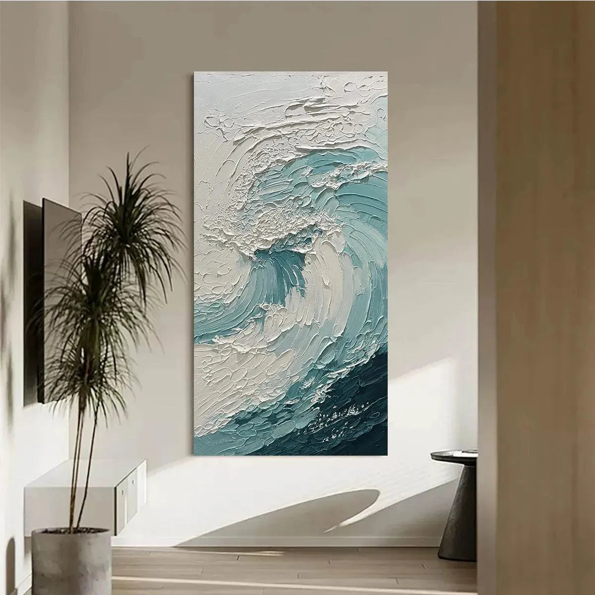Aquamarine Crest hand-painted white and soft beige textured ocean wave painting rolled canvas option