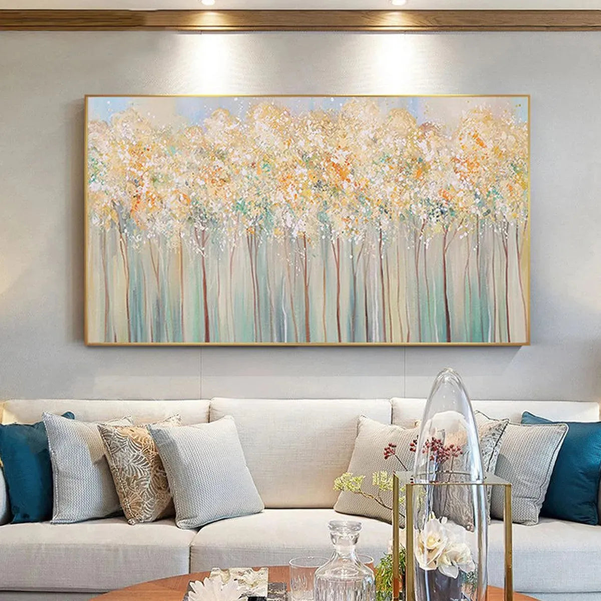 Aspen Glow hand-painted forest green, soft grey and warm earth tones textured forest landscape painting shown with white frame
