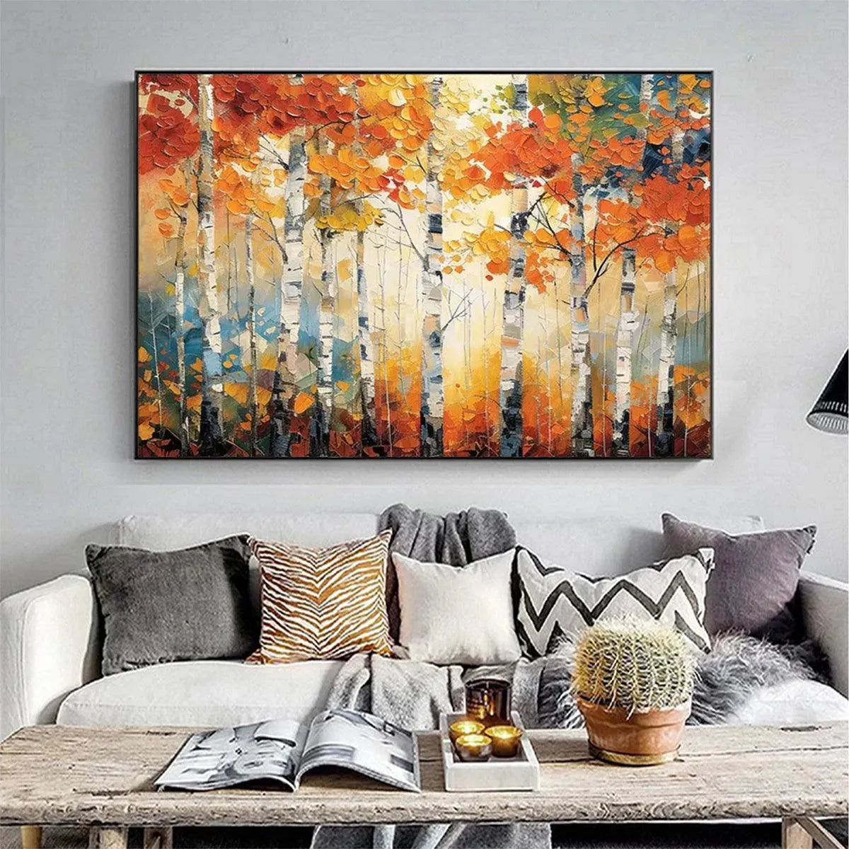 Autumn Aspen hand-painted white and gold textured forest landscape painting shown with gold frame