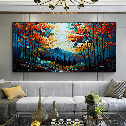 Autumn Vibes hand-painted crimson, golden yellow, turquoise and violet textured forest landscape painting shown as stretched canvas