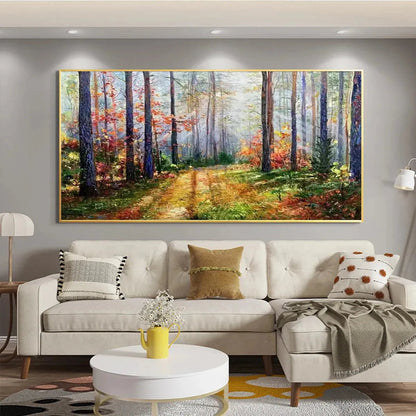 Autumn Forest Path hand-painted crimson, golden yellow, turquoise and violet textured forest path painting shown with wood frame