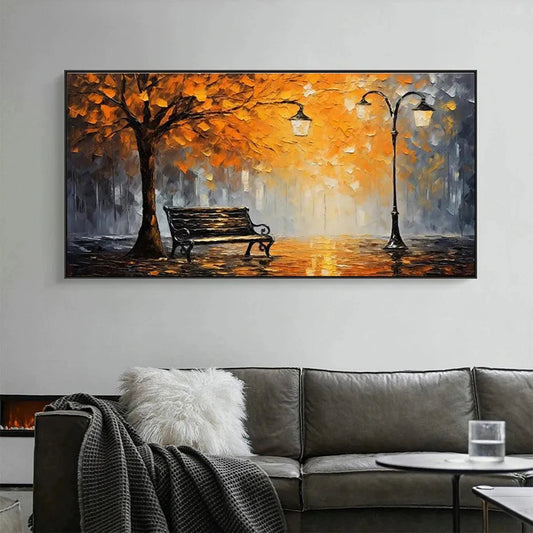 Autumn Park Bench hand-painted soft grey, gold and orange textured park landscape painting shown as stretched canvas
