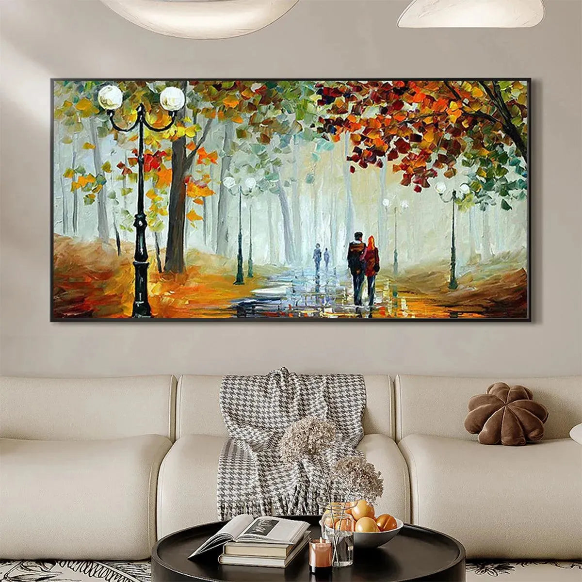 Autumn Park Stroll hand-painted burnt orange, golden yellow and crimson textured park landscape painting shown as stretched canvas