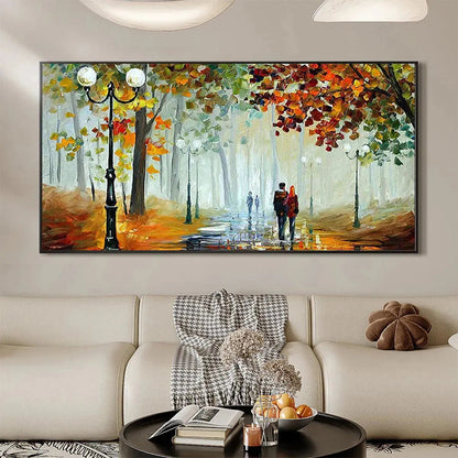Autumn Park Stroll hand-painted burnt orange, golden yellow and crimson textured park landscape painting shown as stretched canvas