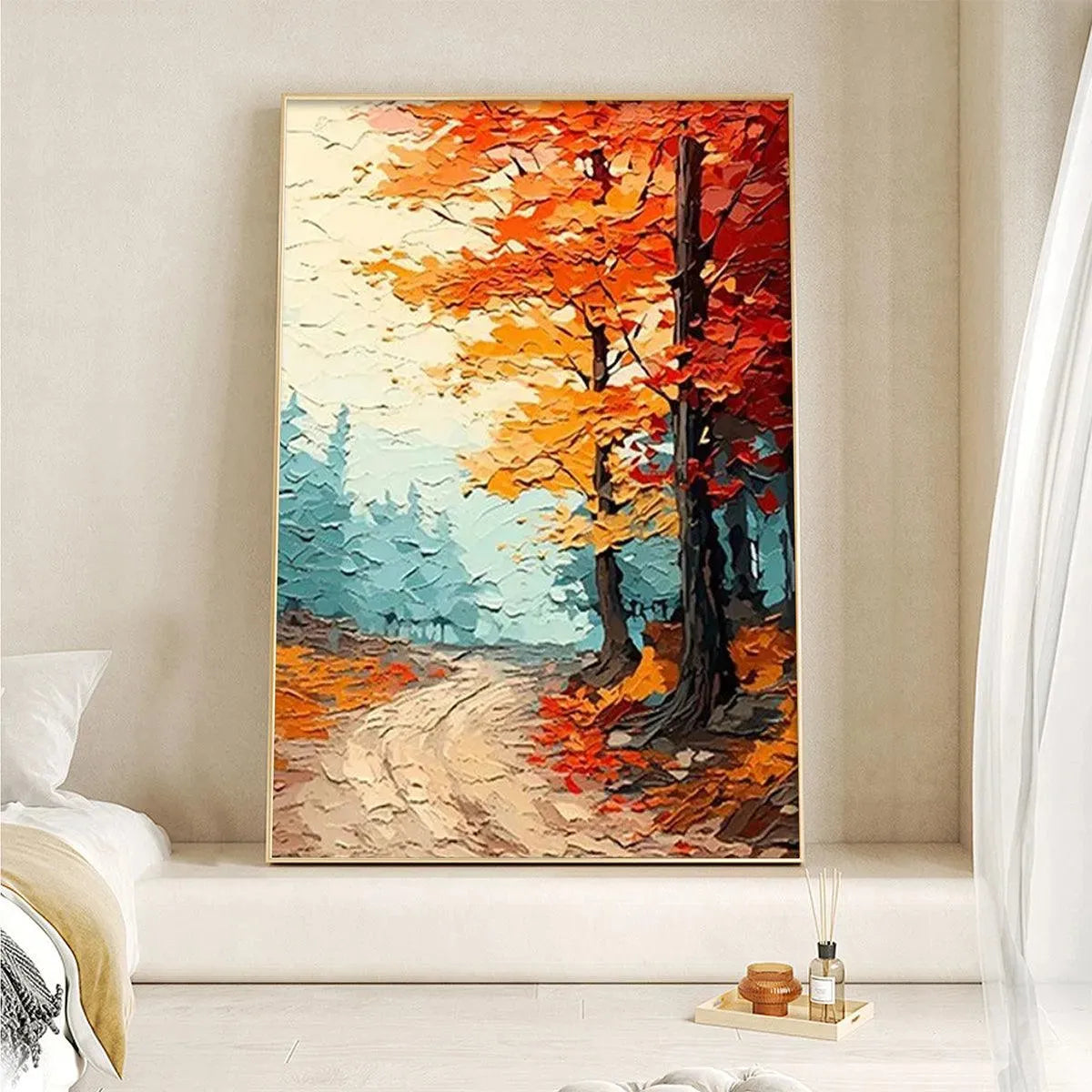 Autumn Path hand-painted ocean blue, orange and red textured forest path painting rolled canvas option