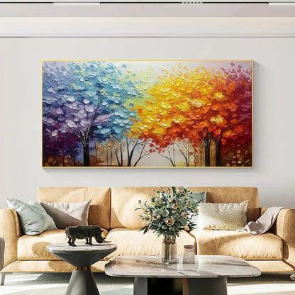 Autumn Rainbow hand-painted crimson, golden yellow, turquoise and violet textured tree painting rolled canvas option